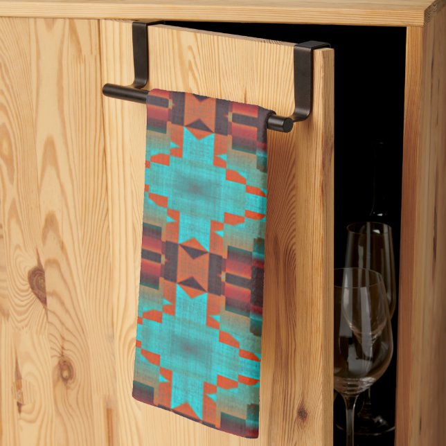 Turquoise Teal Orange Red Eclectic Ethnic Look Kitchen Towel (Thirds Fold)