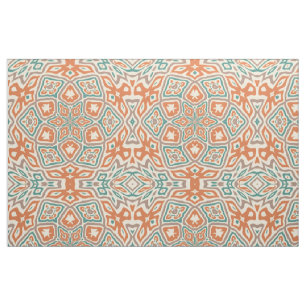 Turquoise Teal Orange Retro Nouveau Deco Pattern Fabric
