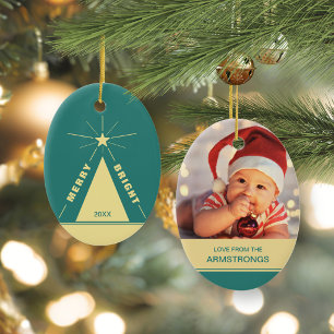 Turquoise Teal Oval Christmas Tree Family Photo Ceramic Ornament