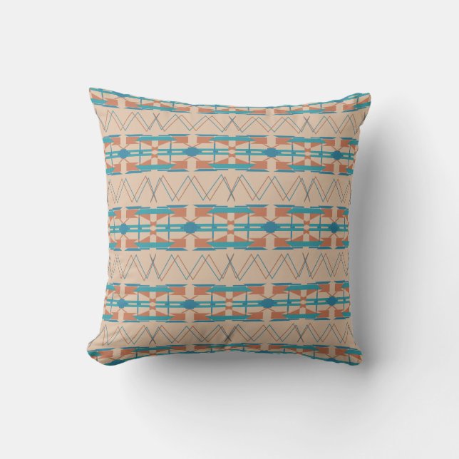 Turquoise Teal Rust Tan Southwest Look Large Tiles Throw Pillow (Front)