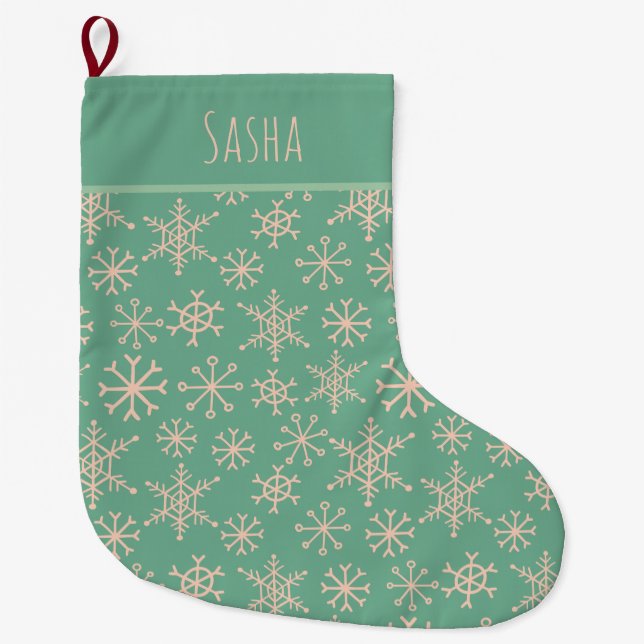 Turquoise Teal Snowflakes Personalized Christmas Large Christmas Stocking (Front)