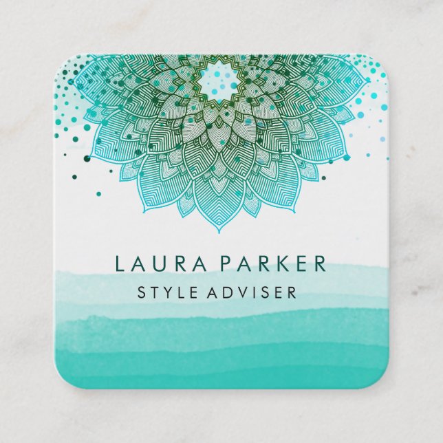 Turquoise Teal Watercolor Lotus Mandala Yoga Square Business Card (Front)