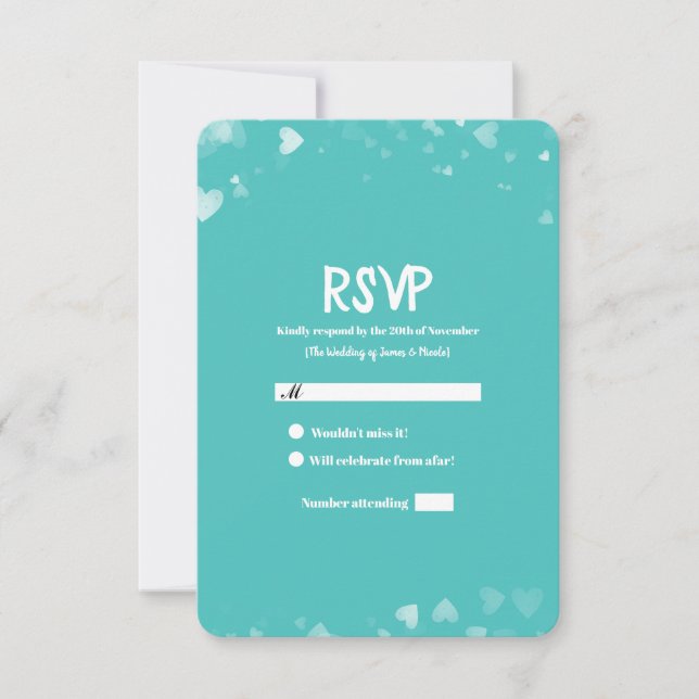 Turquoise Teal & White Hearts Wedding RSVP (Front)