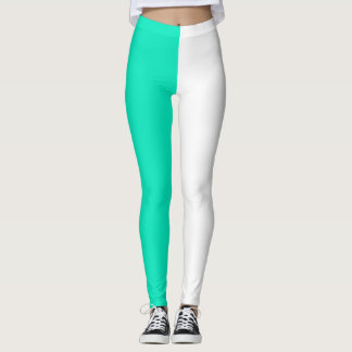 Turquoise Teal White Two Tone Split Half Design Leggings