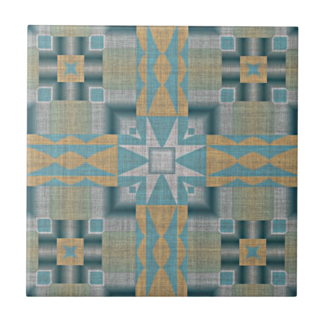 Turquoise Teal Yellow Orange Eclectic Ethnic Look Tile (Front)