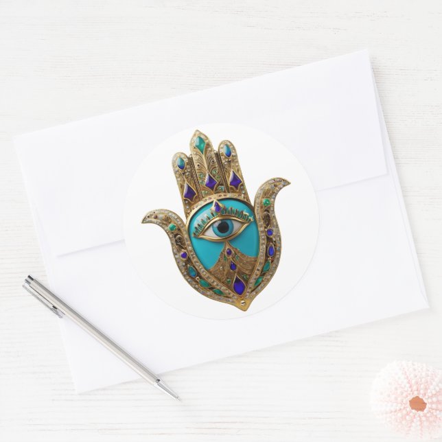 Turquoise Third Eye Hamsa Classic Round Sticker (Envelope)