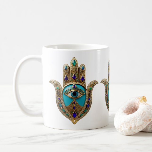 Turquoise Third Eye Hamsa Coffee Mug (With Donut)
