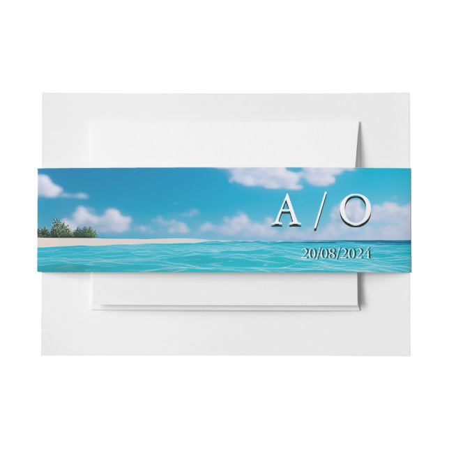 Turquoise Tides Tropical Monogram Beach Wedding  Invitation Belly Band (Front Example)