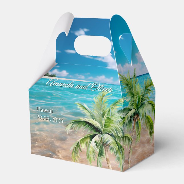 Turquoise Tides Tropical Palm Tree Beach Wedding  Favor Box (Front Side)