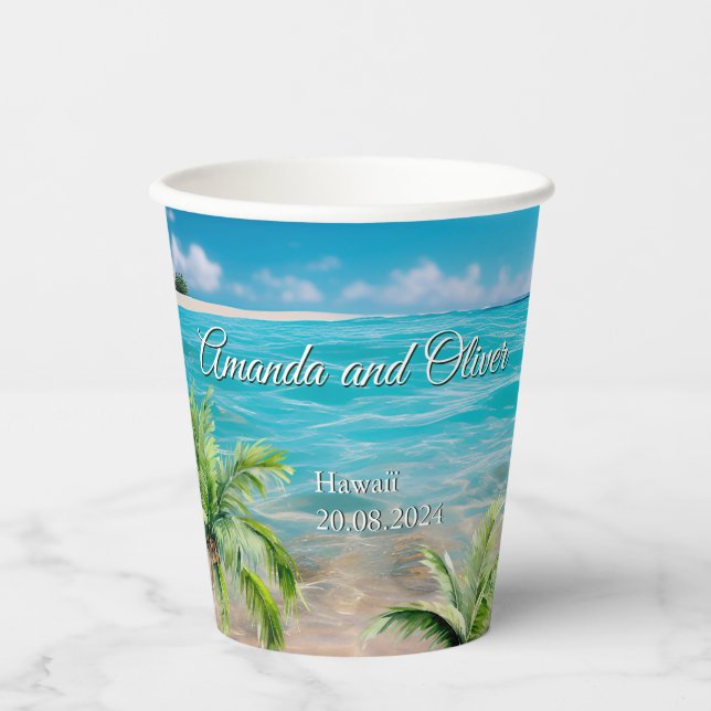 Turquoise Tides Tropical Palm Tree Beach Wedding  Paper Cups (Front)