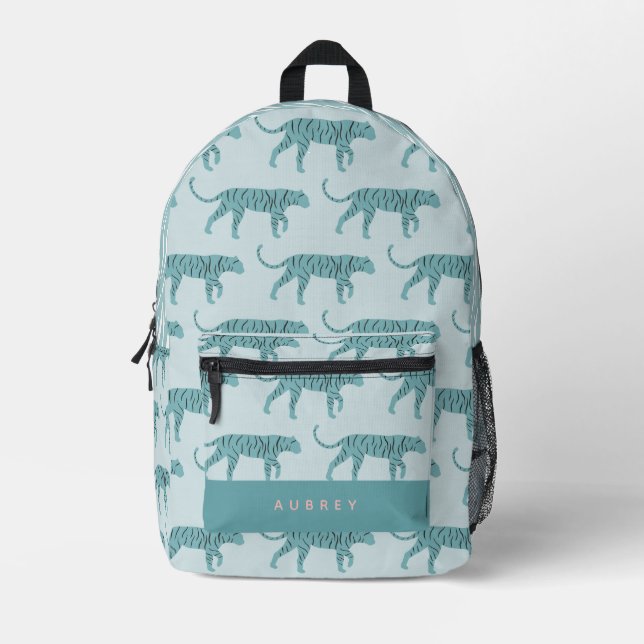 Turquoise Tiger Pattern Light Blue Printed Backpack (Front)