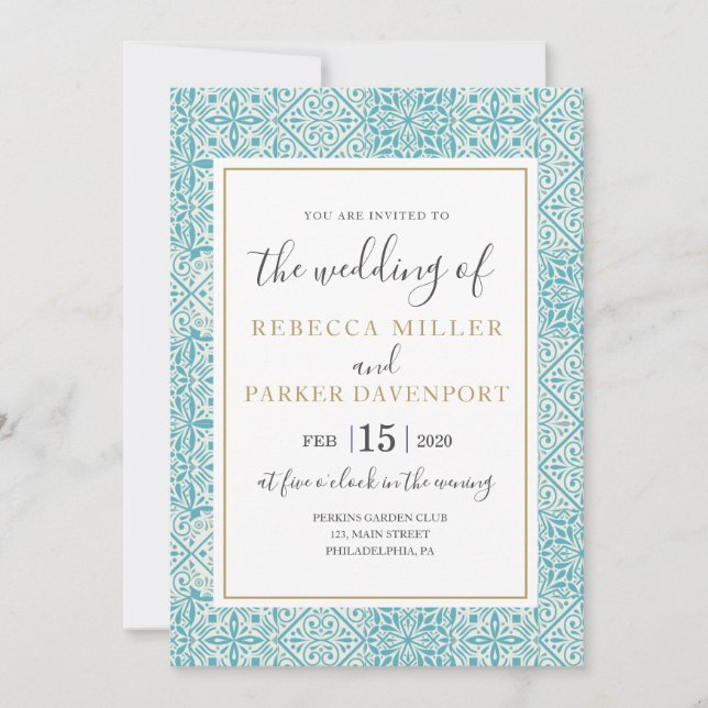 Turquoise Tiles and gold Wedding invitation (Front)