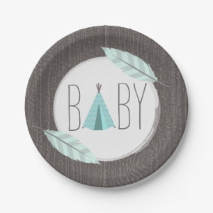 Turquoise Tipi Baby Shower - Wood Inspired Paper Plate