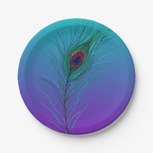 Turquoise to Purple Peacock Feather Paper Plate
