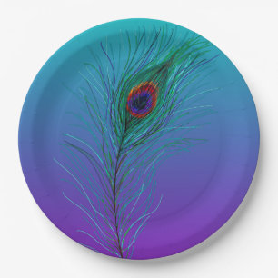 Turquoise to Purple Peacock Feather Paper Plate