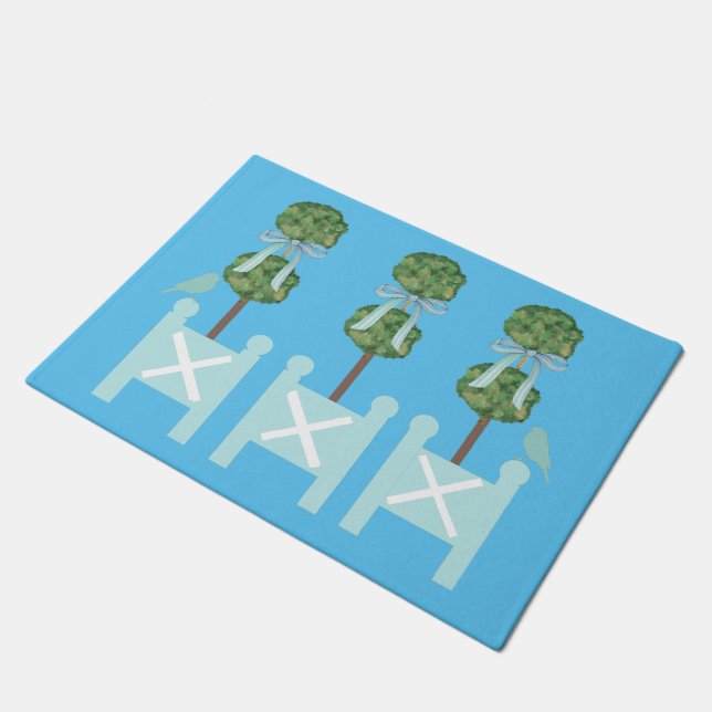 Turquoise Topiary Bird Throw Pillow Doormat (Angled)