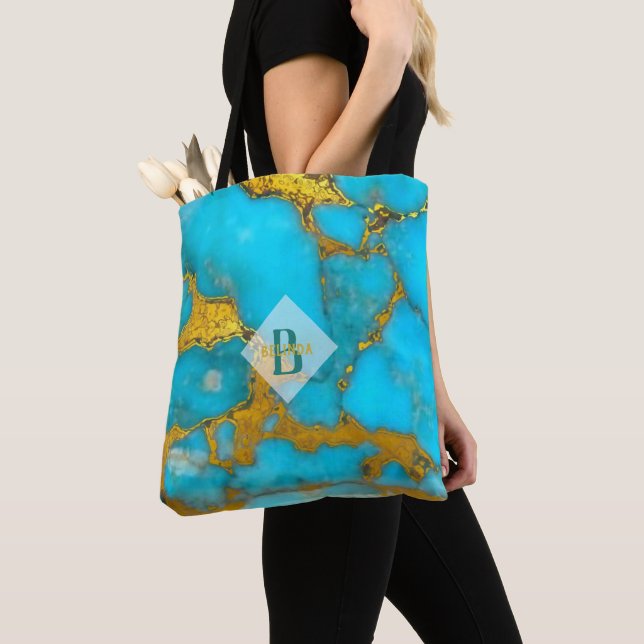 Turquoise TOTE Marble GOLD Glitter - Personalized (Close Up)