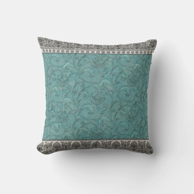 Turquoise Trimmed in Grey by JoMazArt Throw Pillow (Front)