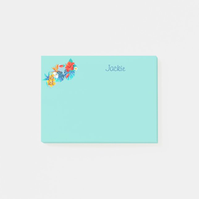 Turquoise Tropical Flowers Personalized 4x3 Post-it Notes (Front)