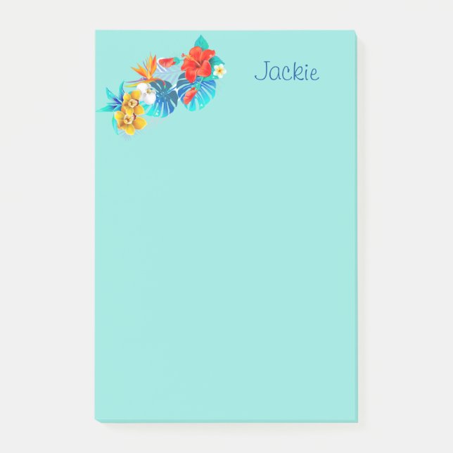 Turquoise Tropical Flowers Personalized 4x6 Post-it Notes (Front)