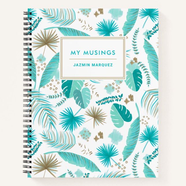 Turquoise Tropical Leaves Pattern Personalized Notebook (Front)