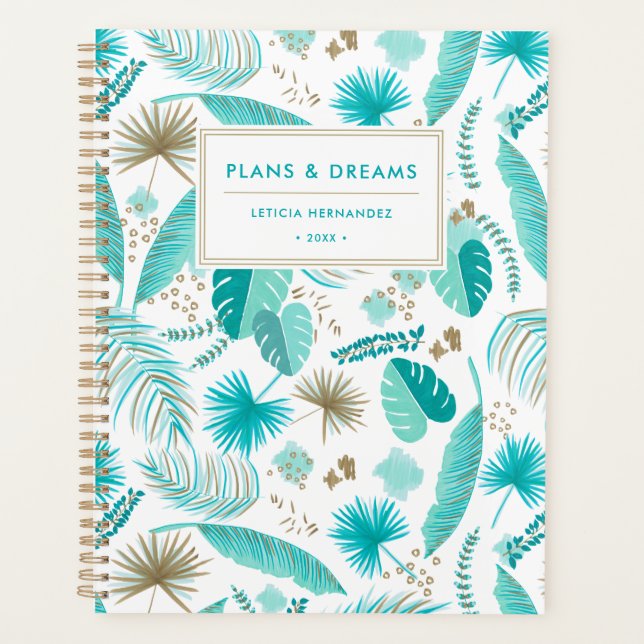 Turquoise Tropical Leaves Pattern Personalized Planner (Front)