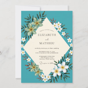 Turquoise Tropical Plumeria Eucalyptus Wedding Invitation