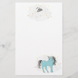 Turquoise Unicorn and Stars Stationery