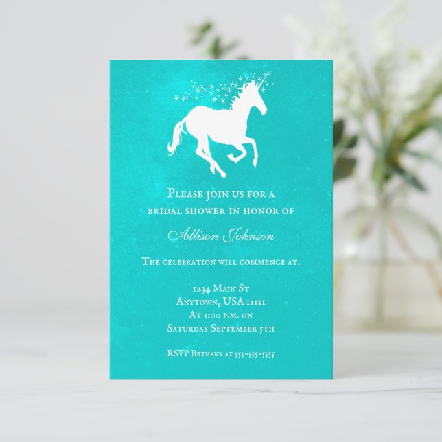 Turquoise Unicorn Bridal Shower Invite (Standing Front)