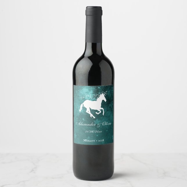 Turquoise Unicorn Mariage Étiquette de vin (Devant)