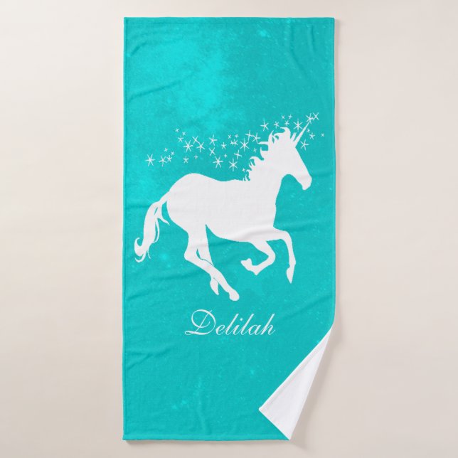 Turquoise Unicorn Personalized Bath Towel Set (Bath Towel)
