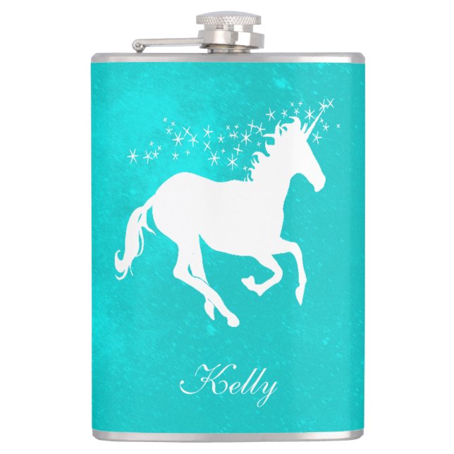 Turquoise Unicorn Personalized Flask (Front)