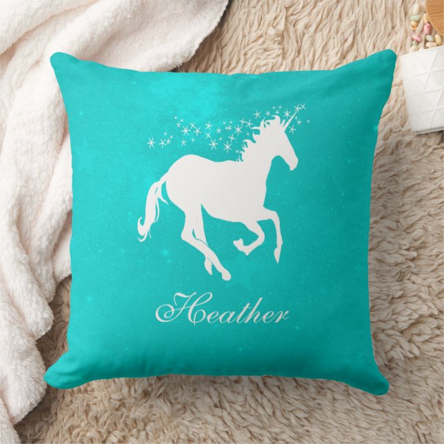 Turquoise Unicorn Personalized Throw Pillow (Blanket)
