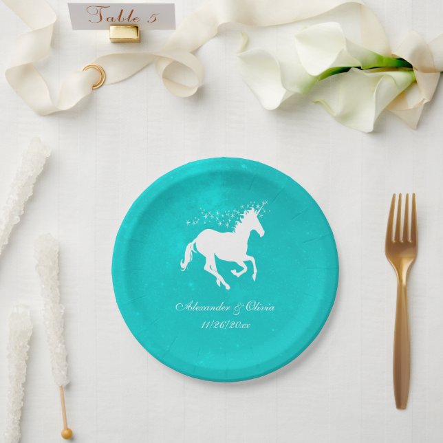 Turquoise Unicorn Wedding Paper Plate (Wedding)