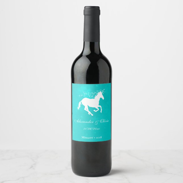 Turquoise Unicorn Wedding Wine Label (Front)