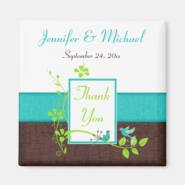 Turquoise Vert Brown Floral Mariage Faveur Aimant (Devant)