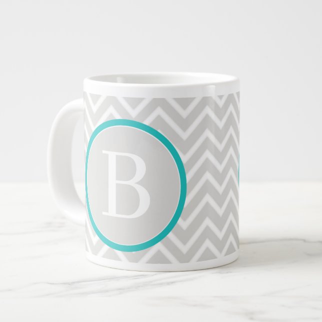 Turquoise Vert Chevron Monogramme Géant Café Mug (Devant gauche)