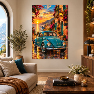 Turquoise Vintage Beetle Mediterranean Sunset Poster