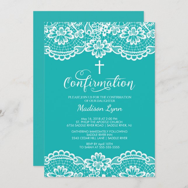 Turquoise Vintage Lace Confirmation Invitation (Front/Back)