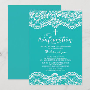 Turquoise Vintage Lace Confirmation Invitation