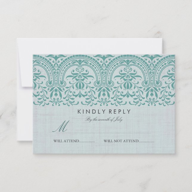Turquoise Vintage Mariage damassé RSVP (Devant)