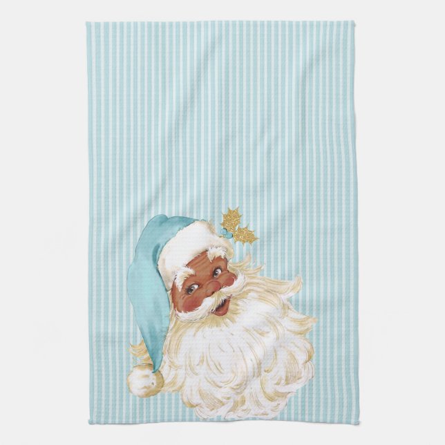 Turquoise Vintage Santa Claus of Colour Kitchen Towel (Vertical)