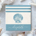 Turquoise vintage seashell beach house script name stone coaster<br><div class="desc">Feel the coastal vibes and relax with your favourite beverage, all while protecting your furniture, with this beautiful, chic, simple, vintage, custom monogram name stone coaster. A graphic, teal blue vintage seashell overlays a white background accented with nautical teal blue stripes. Personalize with your name. Makes a stylish statement every...</div>