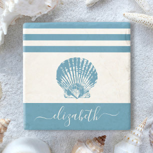 Turquoise vintage seashell beach house script name stone coaster