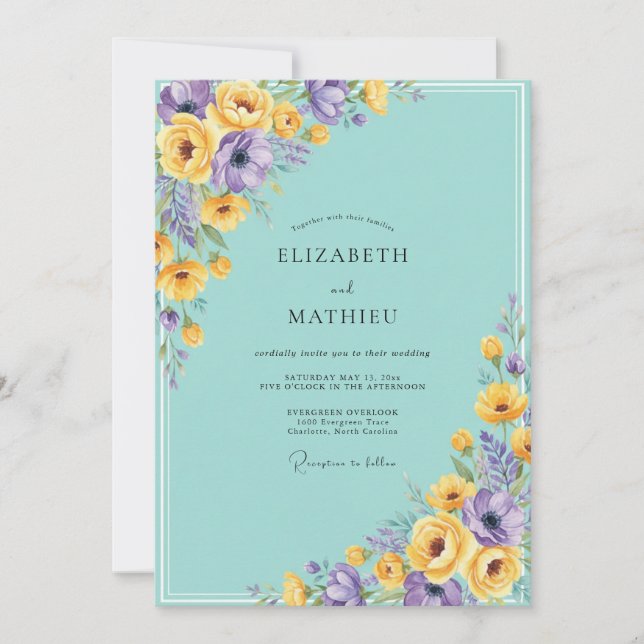 Turquoise Violet Bloom Wedding Invitation (Front)