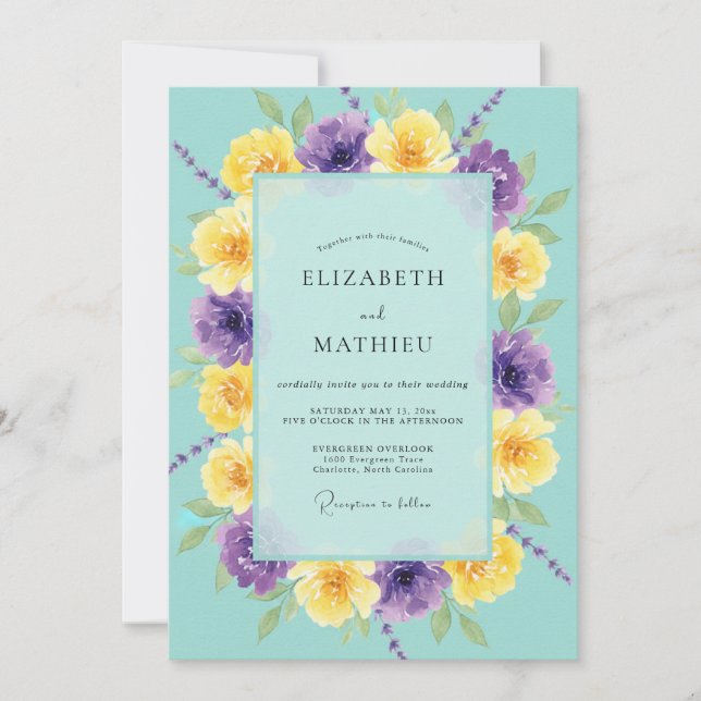 Turquoise Violet Ranunculus Eucalyptus Wedding Invitation (Front)