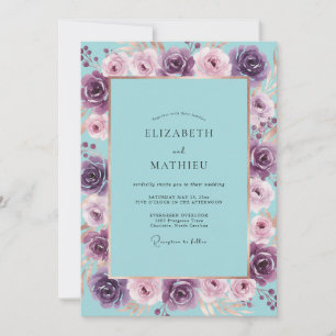 Turquoise Violet Ranunculus Sage Wedding Invitation
