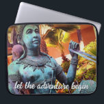 Turquoise Warrior Statue Photo Let Adventure Begin Laptop Sleeve<br><div class="desc">“Let the adventure begin.” Discovered in a lush garden setting, this Asian warrior statue shouts travel and exploration. Enliven your computer with this stunning photography neoprene laptop sleeve. This laptop sleeve comes in three sizes: 15", 13", and 10”. Makes a great gift for someone special! You can easily personalize this...</div>