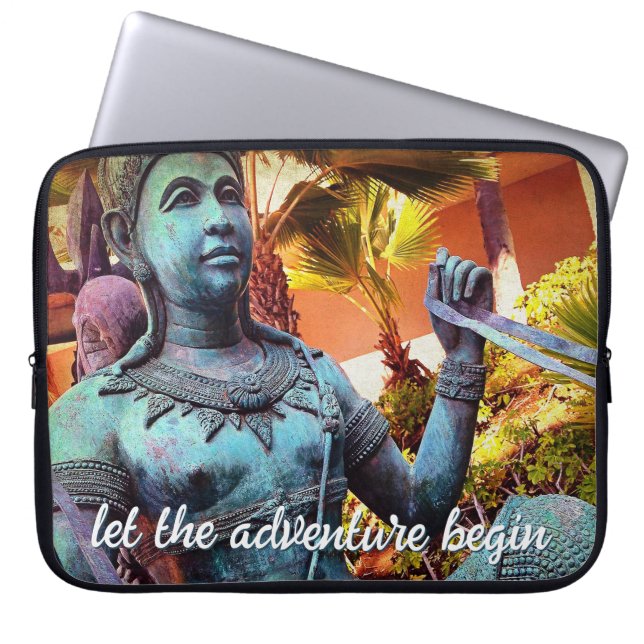 Turquoise Warrior Statue Photo Let Adventure Begin Laptop Sleeve (Front)