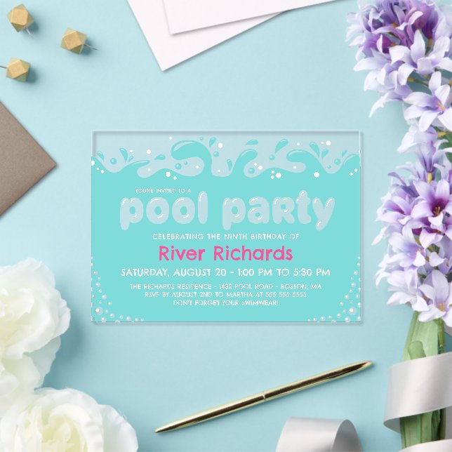 Turquoise Water Splashes Girl Birthday Pool Party Acrylic Invitations (Insitu (Wedding))